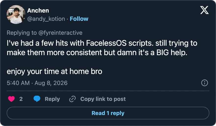 Anchen on X: I've had a few hits with FacelessOS scripts. Still trying to make them more consistent.
