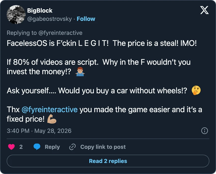 BigBlock on X: FacelessOS is legit. The price is a steal.
