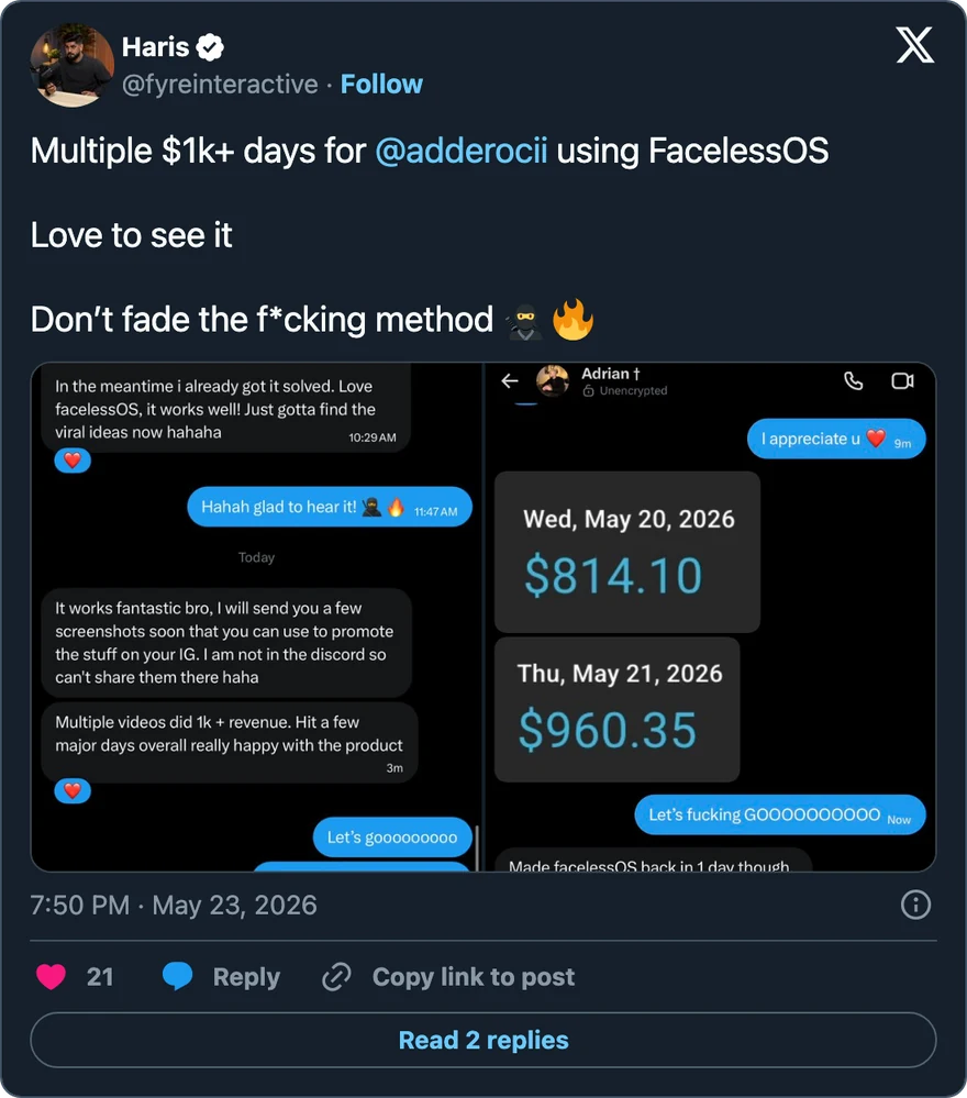 Haris on X, May 23 2026: Adrian's messages. Multiple videos did $1k+ revenue, made FacelessOS back in 1 day.