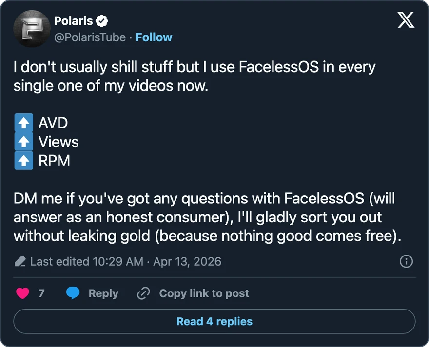 Polaris on X: I use FacelessOS in every single one of my videos now.